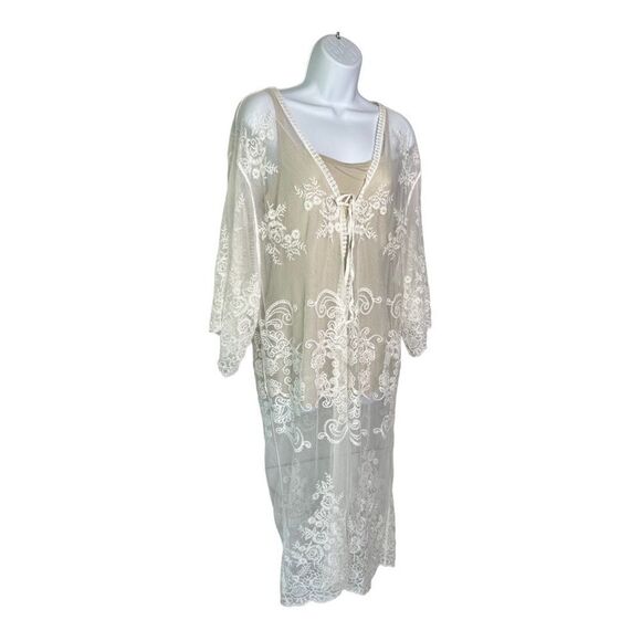 Downtown Threads Lace Elbow Length Tie Front Kimono Swim Coverup - Picture 2 of 11